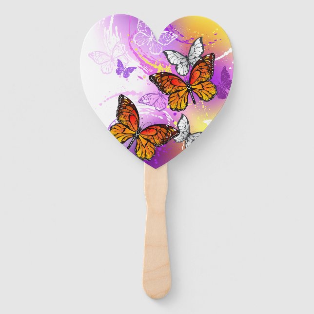 Monarch Butterflies on Purple Background Hand Fan (Front)