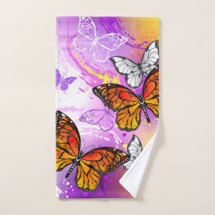 Monarch Butterflies on Purple Background Hand Towel