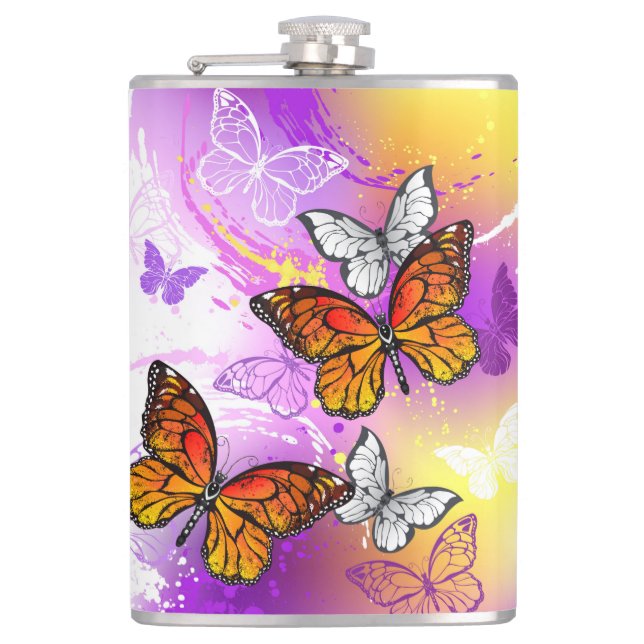 Monarch Butterflies on Purple Background Hip Flask (Front)