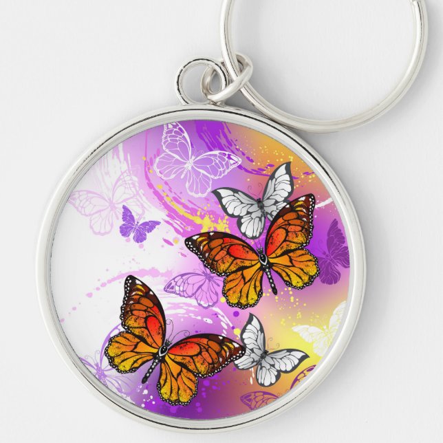 Monarch Butterflies on Purple Background Key Ring (Front)