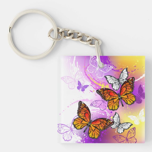 Monarch Butterflies on Purple Background Key Ring (Front)