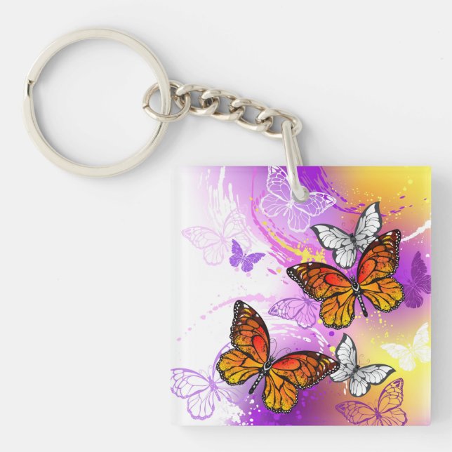 Monarch Butterflies on Purple Background Key Ring (Front)