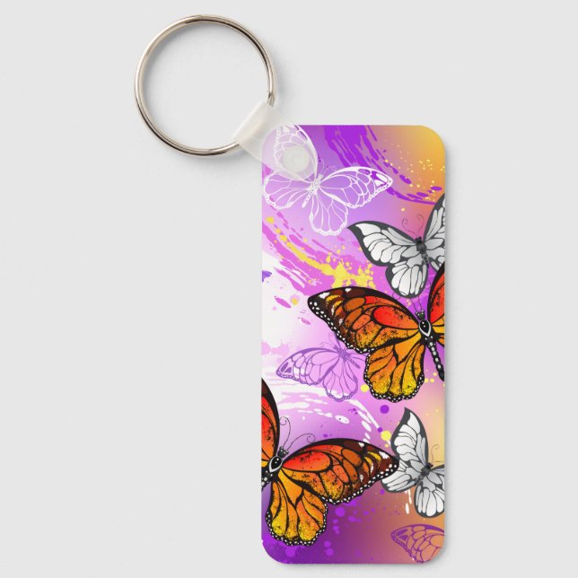 Monarch Butterflies on Purple Background Key Ring (Front)