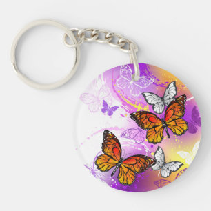 Monarch Butterflies on Purple Background Key Ring