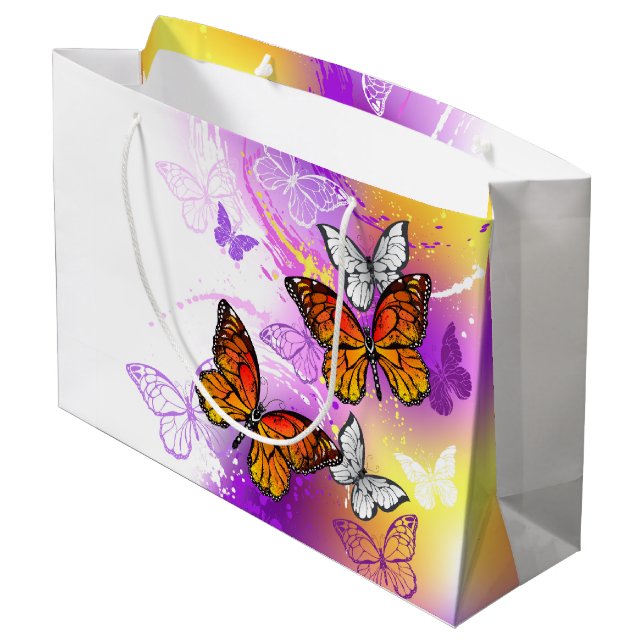 Monarch Butterflies on Purple Background Large Gift Bag (Back Angled)