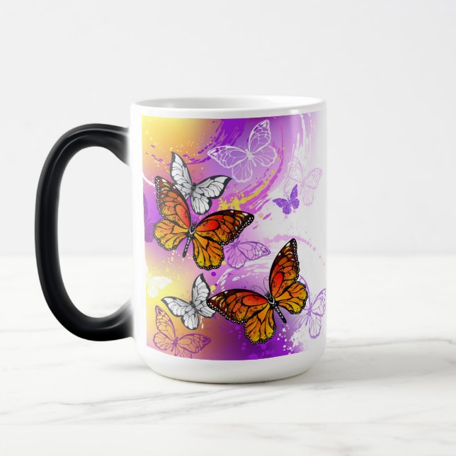 Monarch Butterflies on Purple Background Magic Mug (Left)