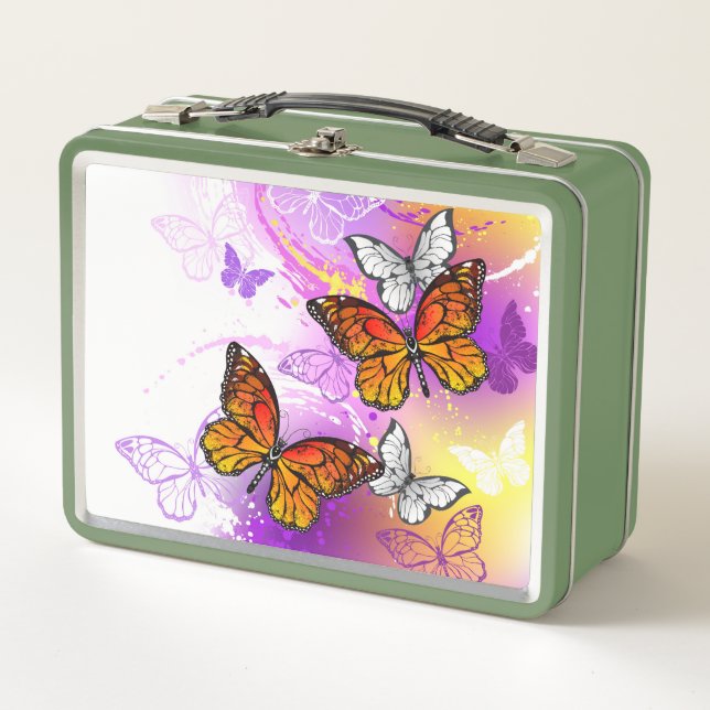 Monarch Butterflies on Purple Background Metal Lunch Box (Front)