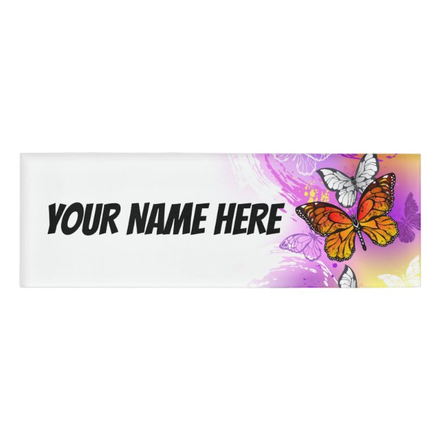 Monarch Butterflies on Purple Background Name Tag (Front)