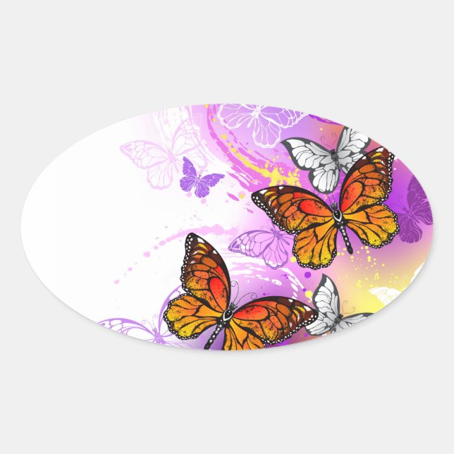 Monarch Butterflies on Purple Background Oval Sticker (Front)