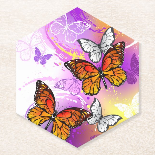 Monarch Butterflies on Purple Background Paper Coaster (Front)