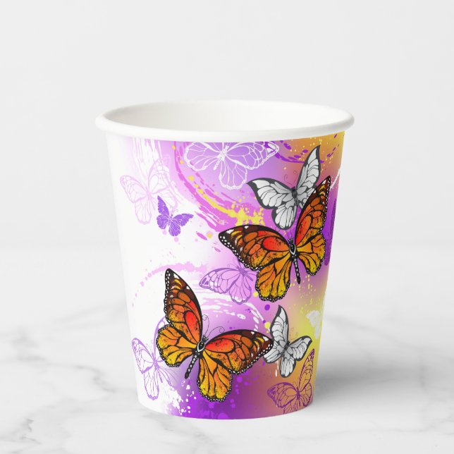 Monarch Butterflies on Purple Background Paper Cups (Front)