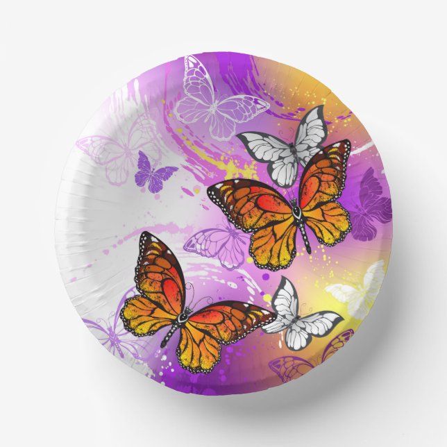 Monarch Butterflies on Purple Background Paper Plate (Front)