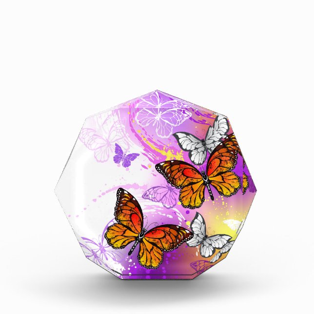 Monarch Butterflies on Purple Background Photo Block (Front)