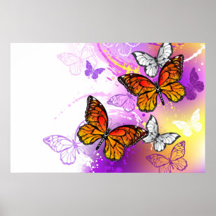 Monarch Butterflies on Purple Background Poster