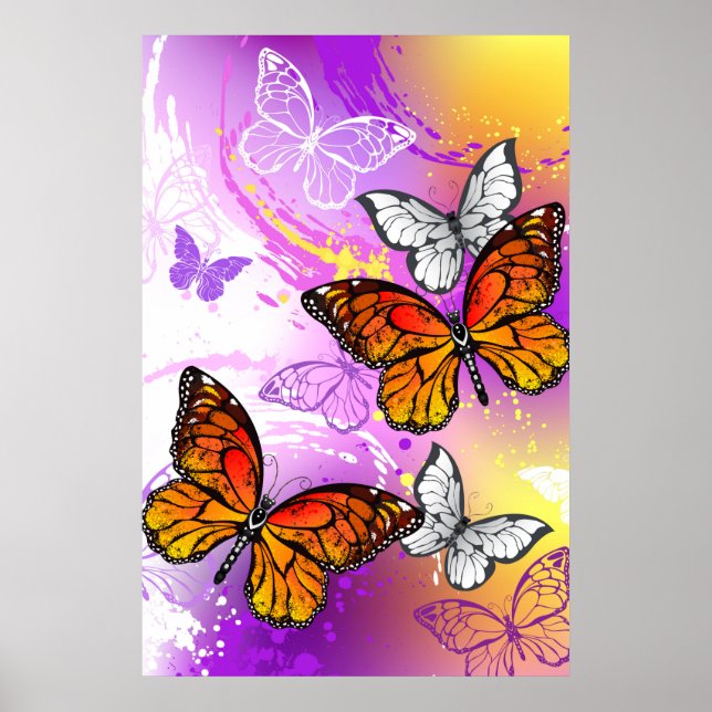 Monarch Butterflies on Purple Background Poster (Front)