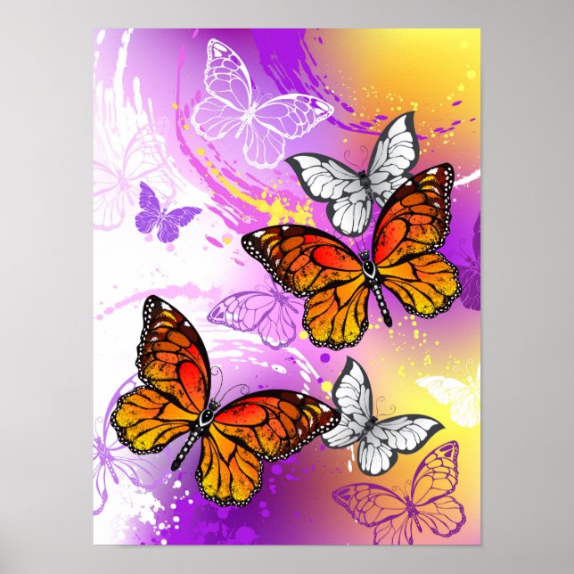 Monarch Butterflies on Purple Background Poster (Front)