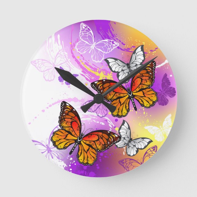 Monarch Butterflies on Purple Background Round Clock (Front)