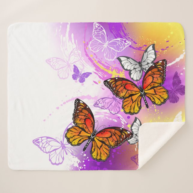 Monarch Butterflies on Purple Background Sherpa Blanket (Front (Horizontal))