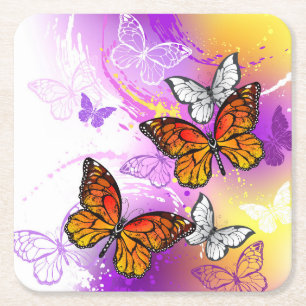 Monarch Butterflies on Purple Background Square Paper Coaster