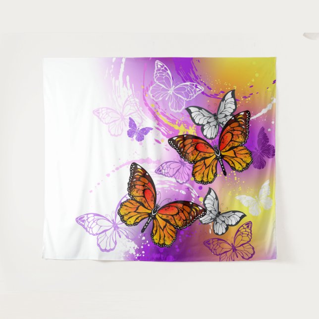 Monarch Butterflies on Purple Background Tapestry (Front (Horizontal))