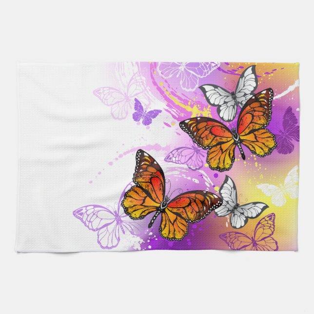Monarch Butterflies on Purple Background Tea Towel (Horizontal)