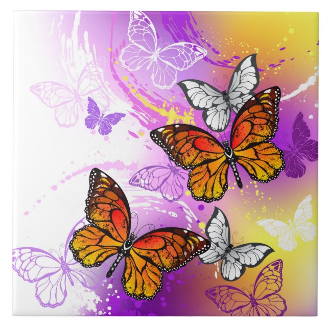 Monarch Butterflies on Purple Background Tile (Front)