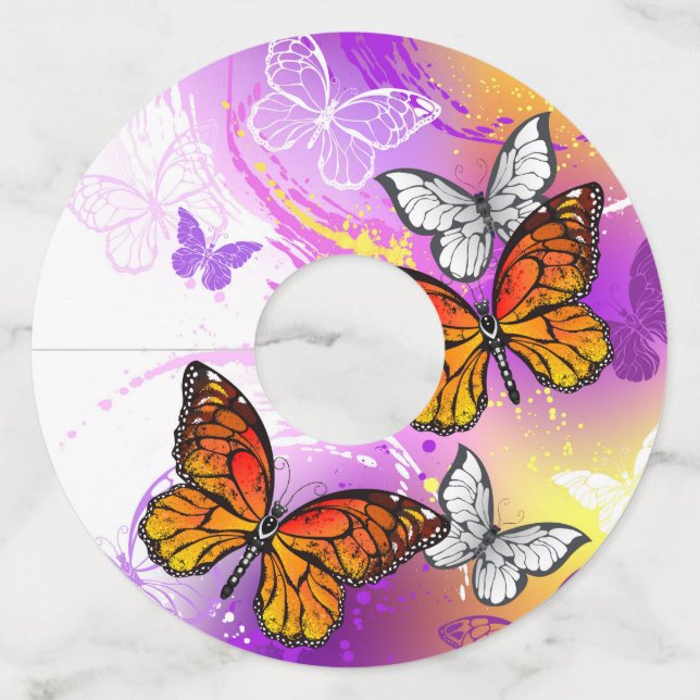 Monarch Butterflies on Purple Background Wine Glass Tag (Front)