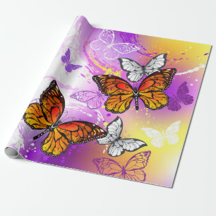 Monarch Butterflies on Purple Background Wrapping Paper