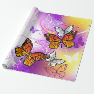Monarch Butterflies on Purple Background Wrapping Paper