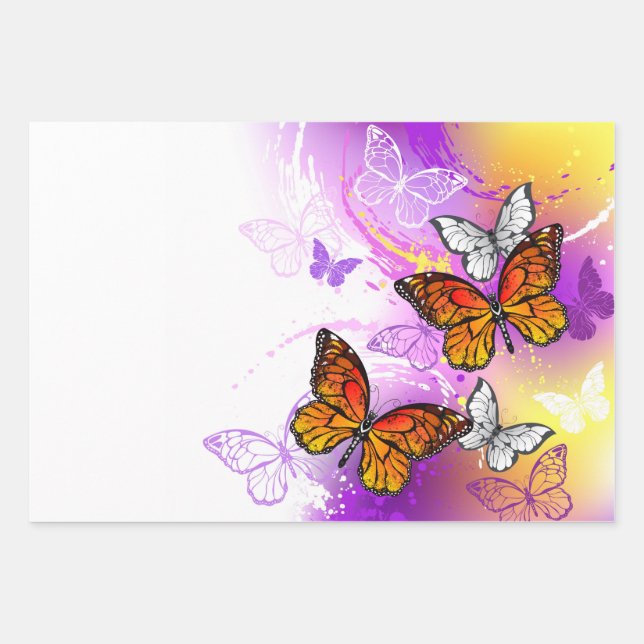 Monarch Butterflies on Purple Background Wrapping Paper Sheet (Front)