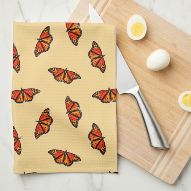 Monarch butterflies pattern pale yellow w monogram tea towel (Quarter Fold)