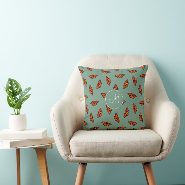 Monarch butterflies pattern w monogram teal cushion (Chair)