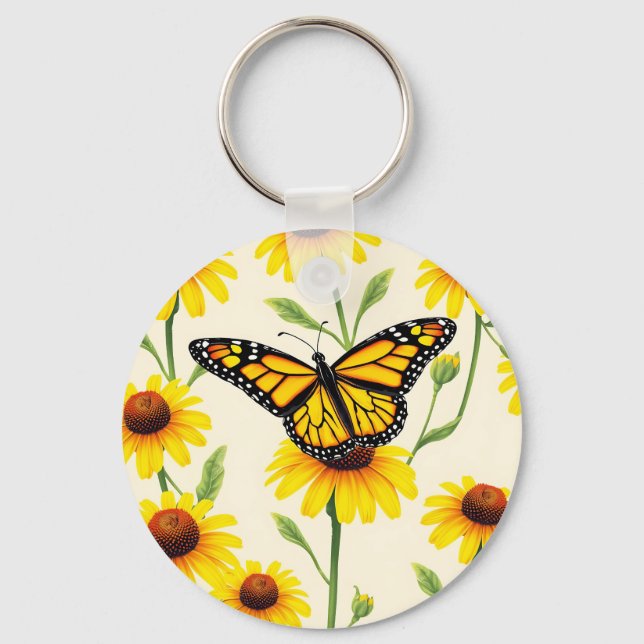 Monarch Butterflies Yellow Daisies Pattern Key Ring (Front)