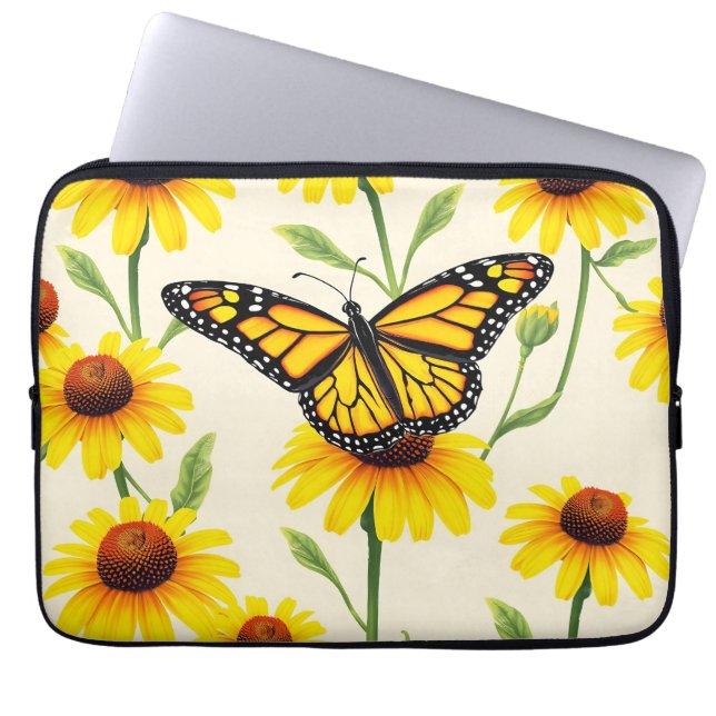 Monarch Butterflies Yellow Daisies Pattern Laptop Sleeve (Front)