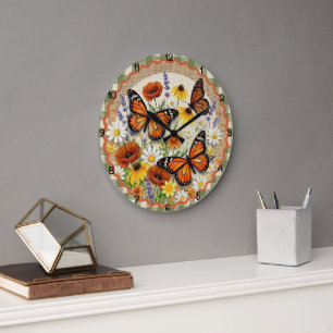 Monarch Butterfly Burlap Bloom Large Clock