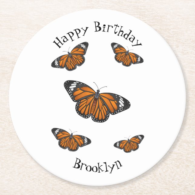 Monarch butterfly cartoon illustration round paper coaster (Front)