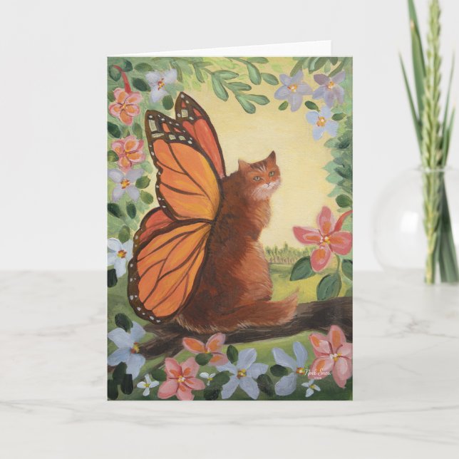 Monarch Butterfly Cat in Meadow Card (Front)