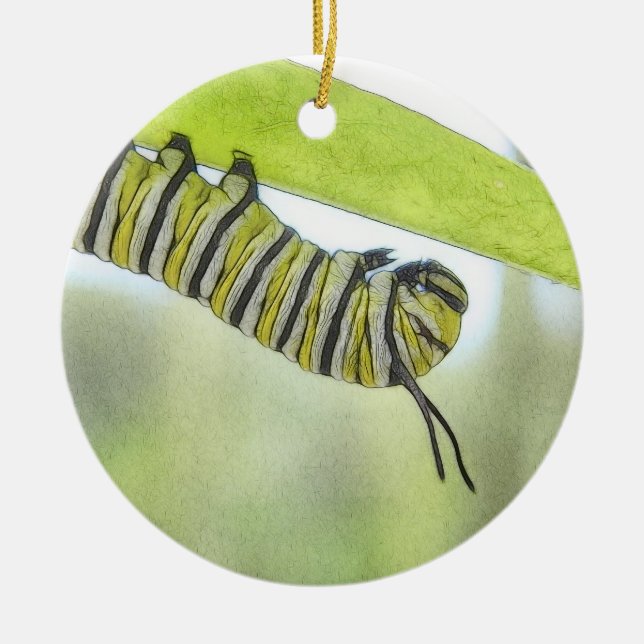 Monarch Butterfly Caterpillar Exploring A Milkweed Ceramic Tree Decoration (Front)