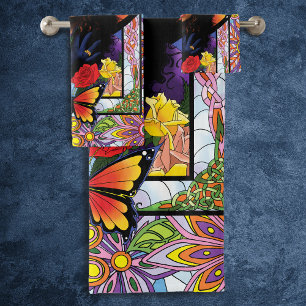 Monarch Butterfly Fairy Purple Floral Bath Towel Set
