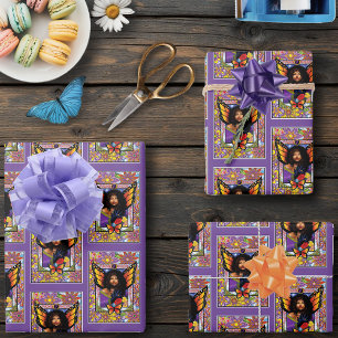 Monarch Butterfly Fairy Purple Floral Wrapping Paper Sheet