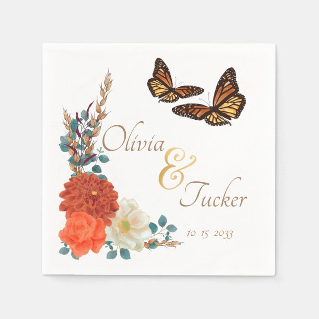 Monarch Butterfly Fall Floral ivory Custom Napkin (Front)