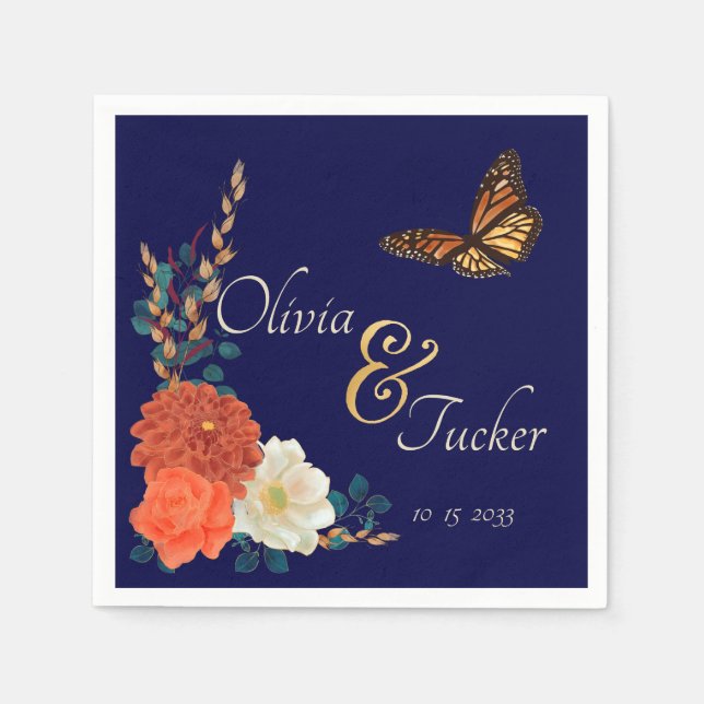 Monarch Butterfly Fall Floral Navy Blue Custom Napkin (Front)