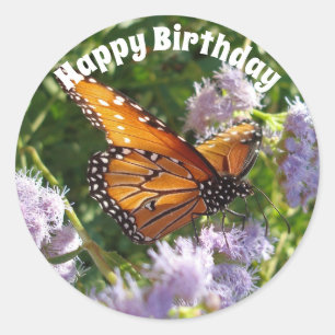 Monarch Butterfly Floral Happy Birthday Photo Classic Round Sticker