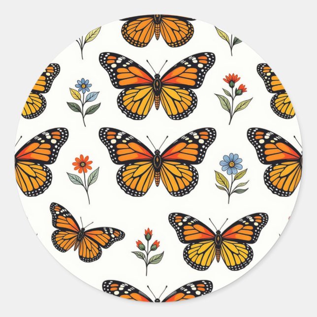 Monarch Butterfly Floral Pattern Classic Round Sticker (Front)