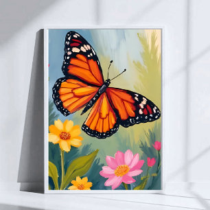 Monarch Butterfly Flower Watercolor Painting Poster