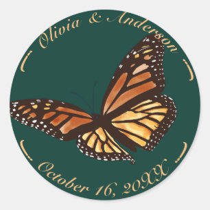 Monarch Butterfly Forest Green Fall Wedding Classic Round Sticker