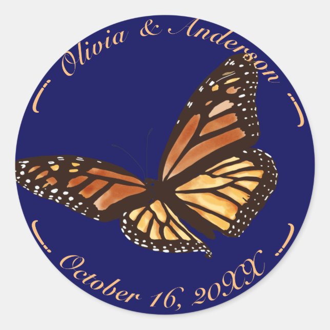Monarch Butterfly Navy Blue Fall Wedding  Classic Round Sticker (Front)