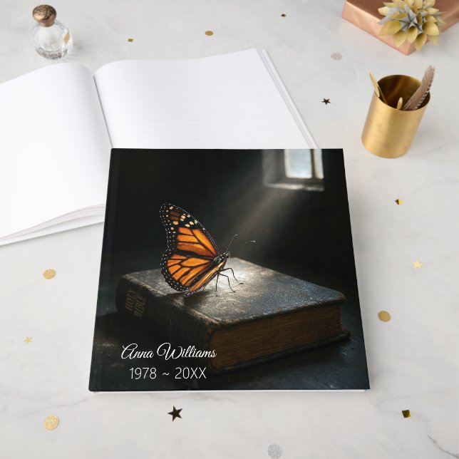 Monarch Butterfly On a Holy Bible Guest Book (Front Open)