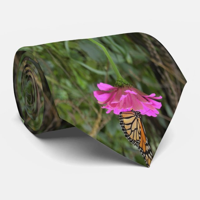 Monarch Butterfly on a Pretty Pink Zinnia Flower Tie (Rolled)