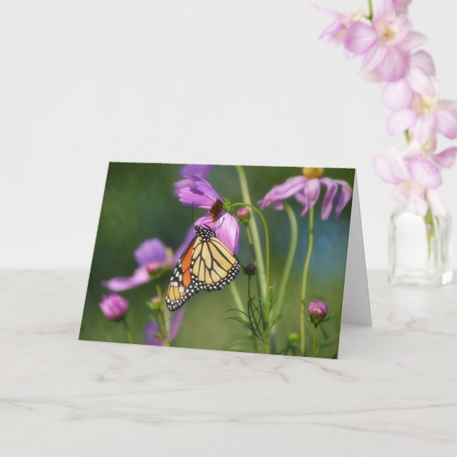 Monarch Butterfly on Cosmos Flowers Art Note Card (Orchid)